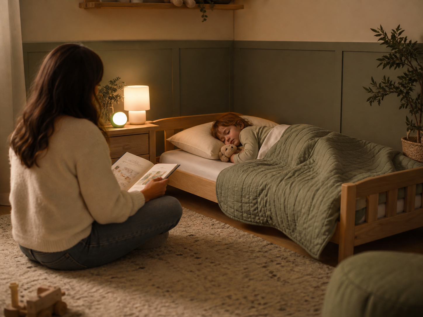 Toddler bedtime routine in a calm bedroom